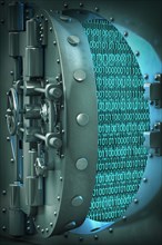 Open vault door revealing binary code