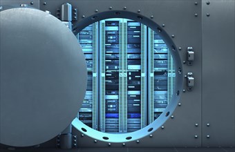 Open vault door revealing computer servers