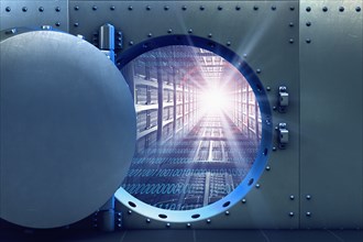 Open vault door revealing computer servers and binary code