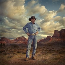 Caucasian cowboy standing with hands on hips in desert landscape