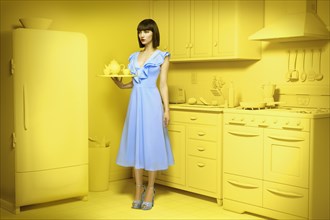 Caucasian woman in yellow old-fashioned kitchen holding mixing bowl