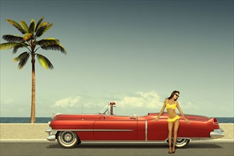 Caucasian woman leaning on old-fashioned convertible car at ocean