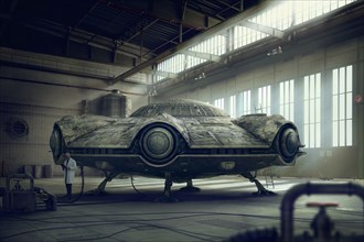 Scientist researching spaceship in hangar