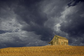 Storm clouds over remote wooden farmhouse