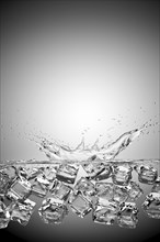 Ice cubes splashing into water and floating