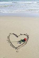 Rose laid on heart drawn in sand