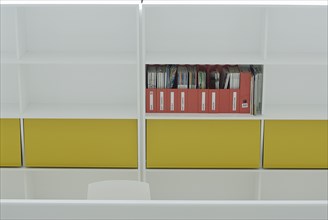 Magazines on coloured shelf in office building
