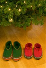 Two pairs of slippers under Christmas tree