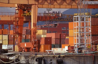 Shipping containers and cranes in industrial shipyard