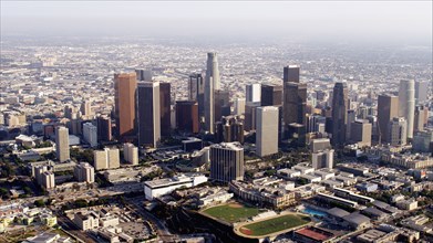Aerial view of highrise buildings in downtown Los Angeles
