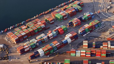 Aerial view of containers in industrial shipyard