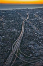 Aerial view of highways in Los Angeles cityscape