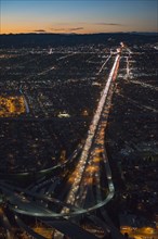 Aerial view of highway in Los Angeles cityscape