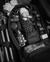 Caucasian infant packed into camera bag