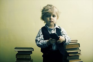 Boy holding cell phone near stacks of books