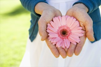 Close up of woman holding blooming flower