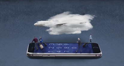 Airplane in cloud floating over travelers walking on cell phone