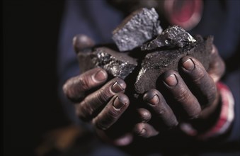 Hands holding lumps of coal