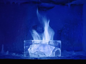 White flame burning in blue ice