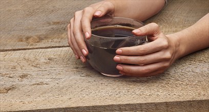 Hands of woman holding coffee cup
