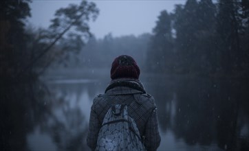Woman carrying backpack standing near still lake