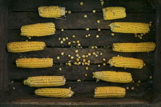 Kernels and corn on cob in wooden box