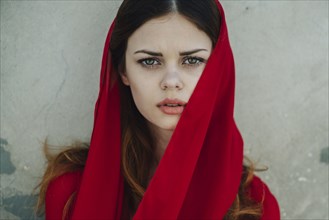 Serious Caucasian woman wearing red headscarf