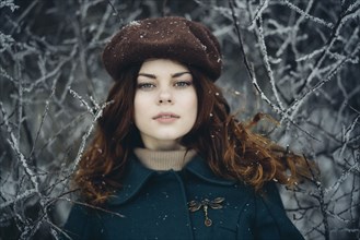 Serious Caucasian woman near icy branches