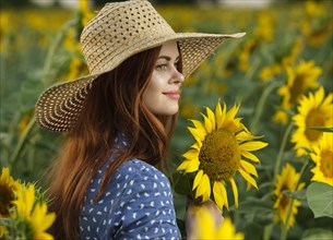 Smiling Caucasian woman wearing hat in field of sunflowers