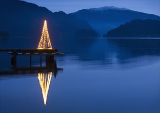 Illuminated Christmas tree on wooden pier