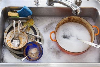 Kitchen sink full of dirty dishes