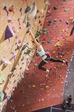 Caucasian woman climbing rock wall
