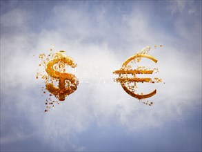 Pixelated dollar and Euro signs in sky