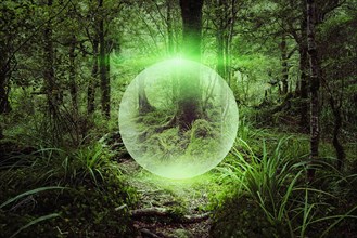 Glowing sphere floating in forest