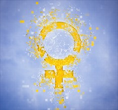 Pixelated female symbol on blue background