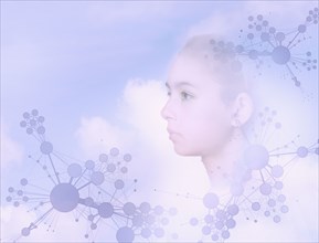 Face of mixed race girl floating in sky with molecule patterns