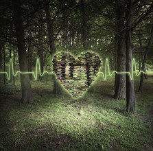 Pixelated heart floating in forest
