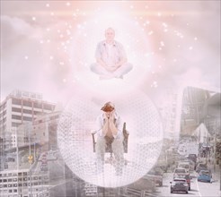 Caucasian man floating in bubble exploring virtual city