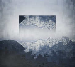 Pixelated upside-down image of mountain range