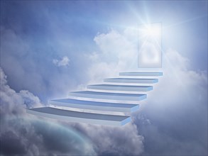 Staircase in clouds with glowing doorway