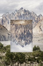 Glitch effect of mountains near river