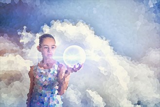 Pixelated Mixed Race girl holding glowing sphere