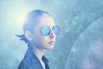 Mixed Race girl wearing sunglasses in cyberspace
