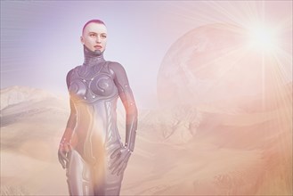 Android woman on futuristic planet