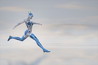Female robot running and jumping