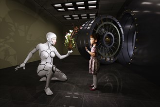 Female cyborg presenting flowers in vase to girl near vault