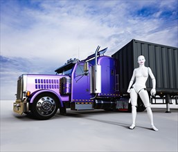 Female cyborg standing near purple semi-truck