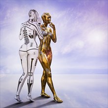 White female cyborg standing and whispering to gold cyborg