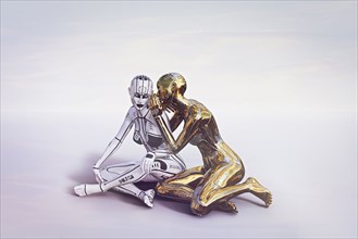 Gold female cyborg sitting and whispering to white cyborg