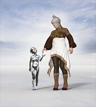 Older woman walking with female girl cyborg